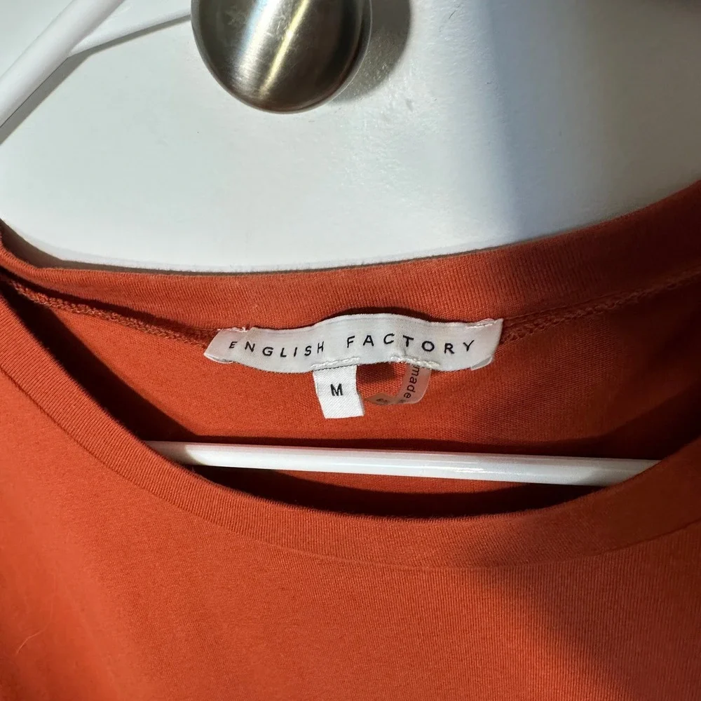 English Factory Enrica Plaid Peplum Top Medium Rust Orange Gingham Puff Sleeve